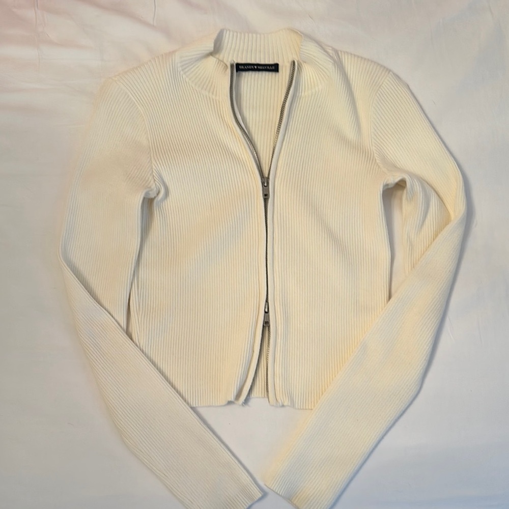 Brandy Melville off white Ribbed double Zip Cardigan
